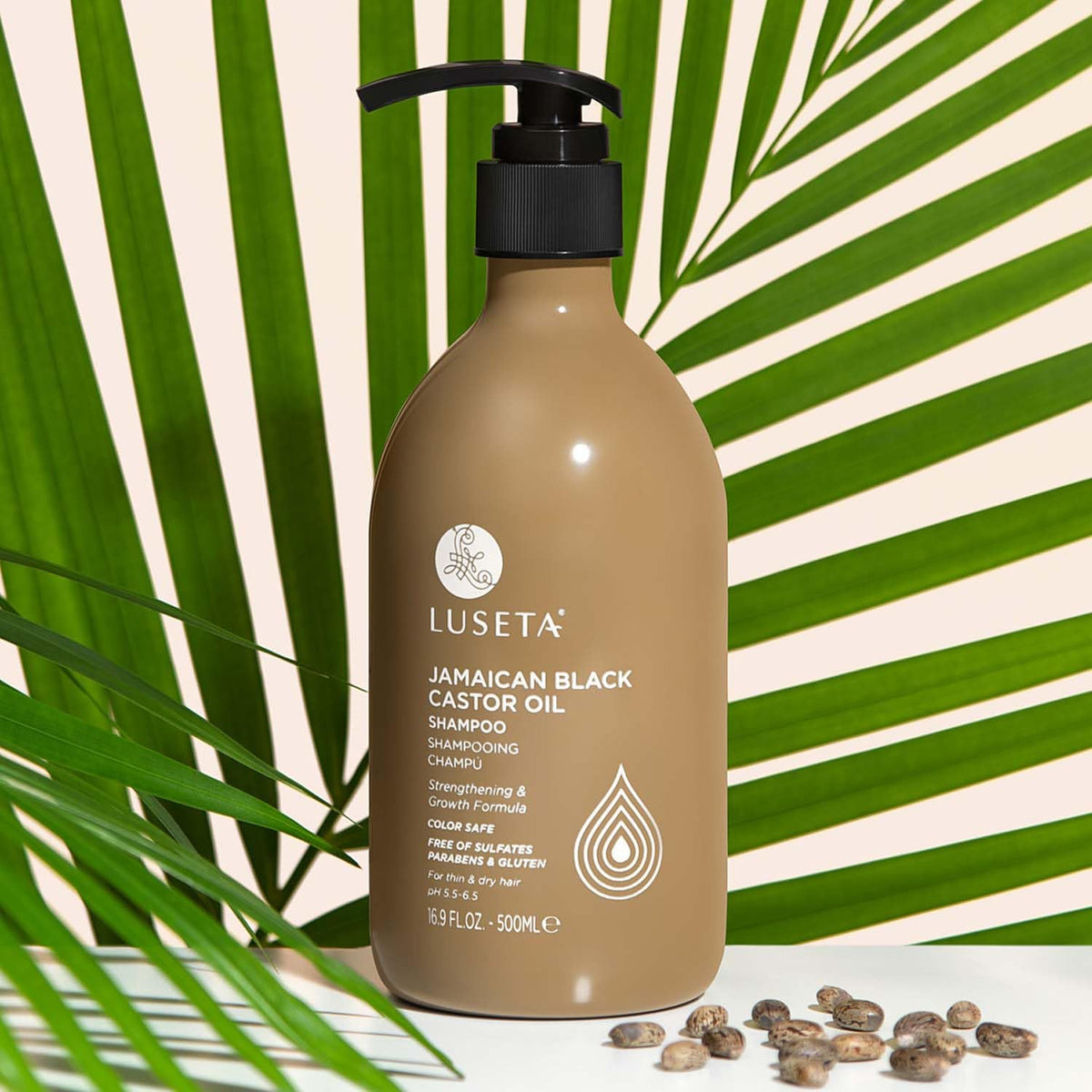 L LUSETA shampoo in hand during shower illustrating effective cleansing benefit