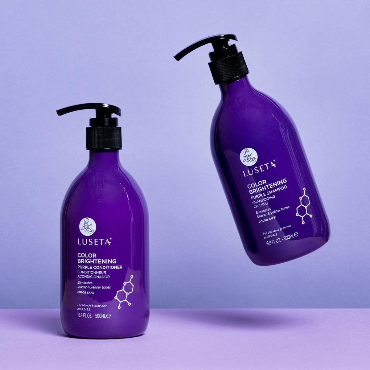 L LUSETA duo on bathroom shelf during routine, conveys salon-like at-home care