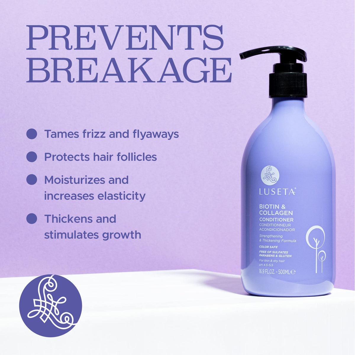 L LUSETA label close-up highlighting key ingredients and conditioner benefits