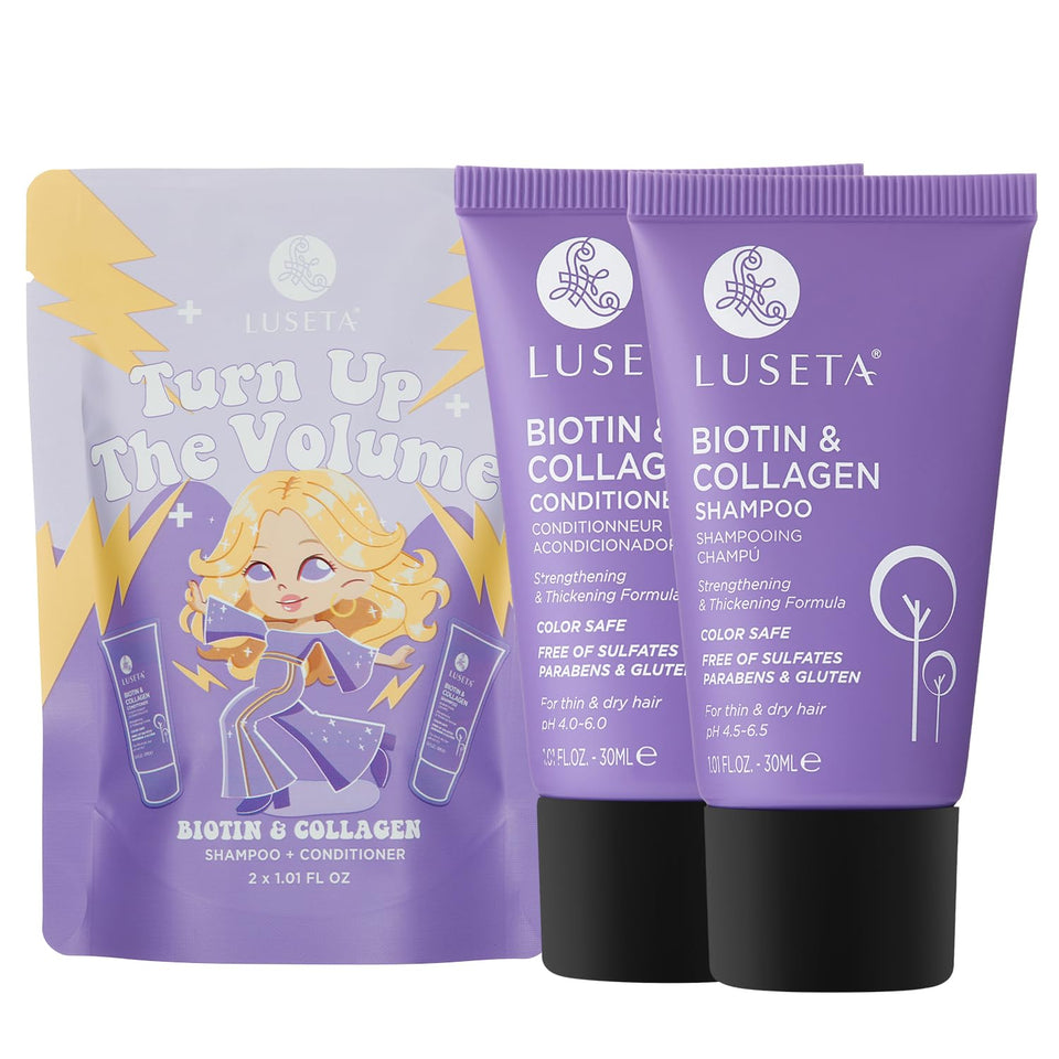 L LUSETA front packaging showing compact travel shampoo and conditioner benefits