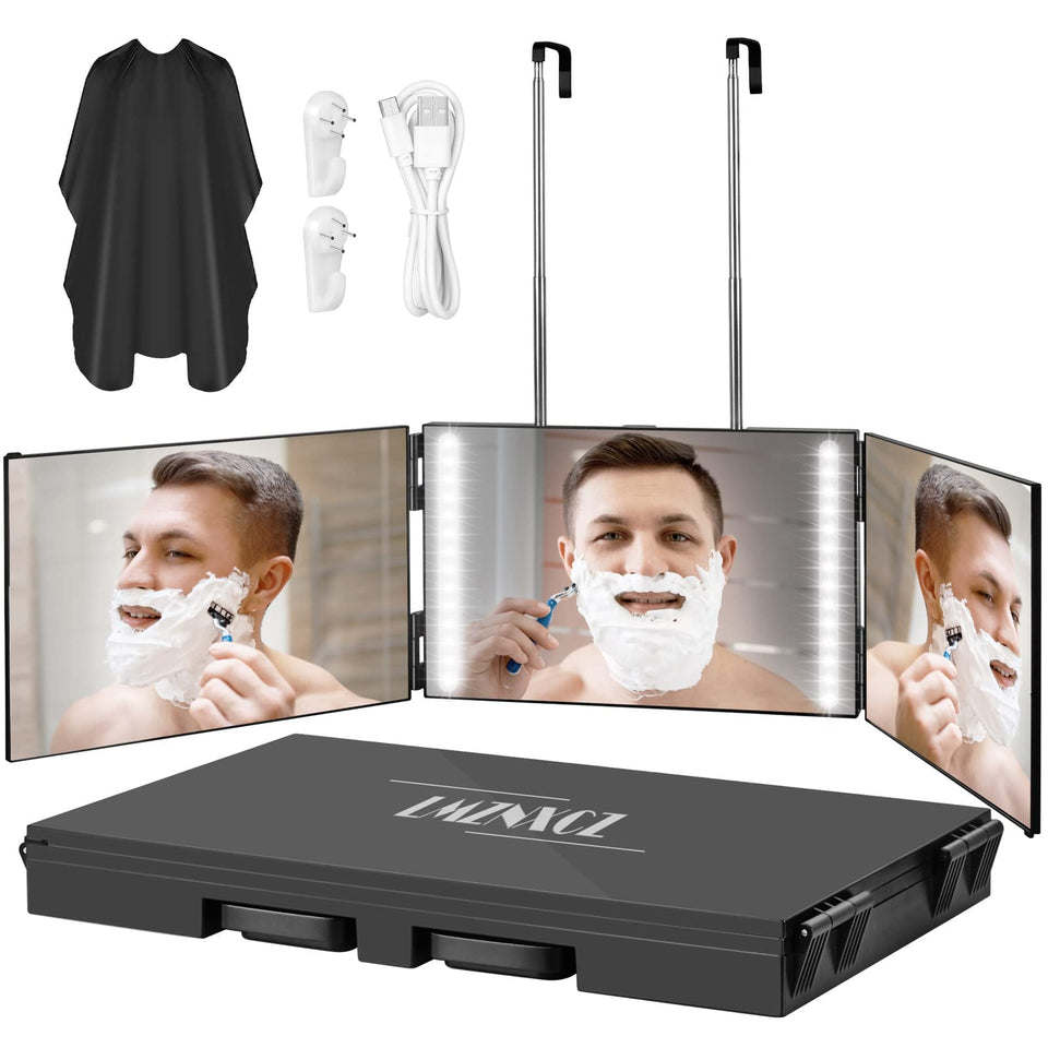 LMZNXCZ front tri-fold mirror with LEDs showing multi-angle view benefit