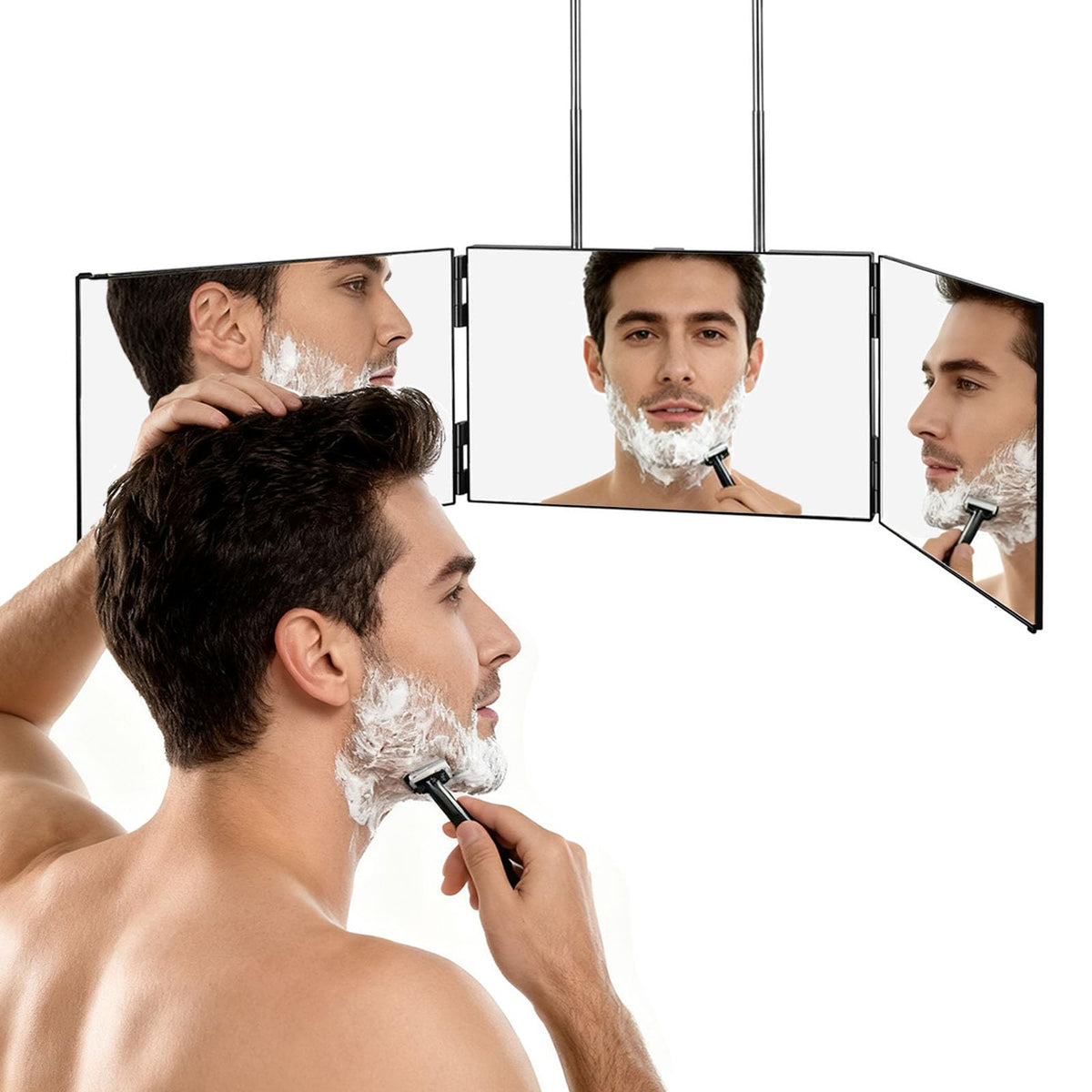 LMZNXCZ front view tri-fold mirror showing full 360-degree reflection benefit