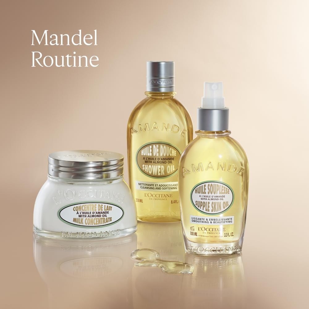 L'OCCITANE Almond bottle in bathroom lifestyle scene for indulgent shower feeling