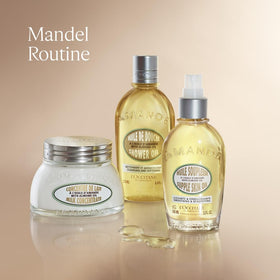 L'OCCITANE Almond bottle in bathroom lifestyle scene for indulgent shower feeling