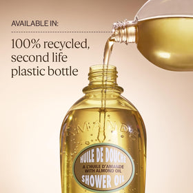L'OCCITANE Almond Shower Oil bathroom lifestyle scene conveying cozy fragrant ritual
