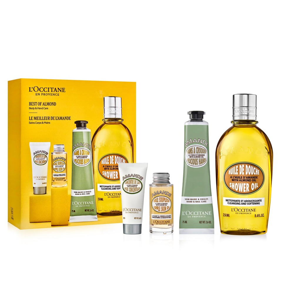L'OCCITANE front packaging of almond gift set showing all items and gifting appeal