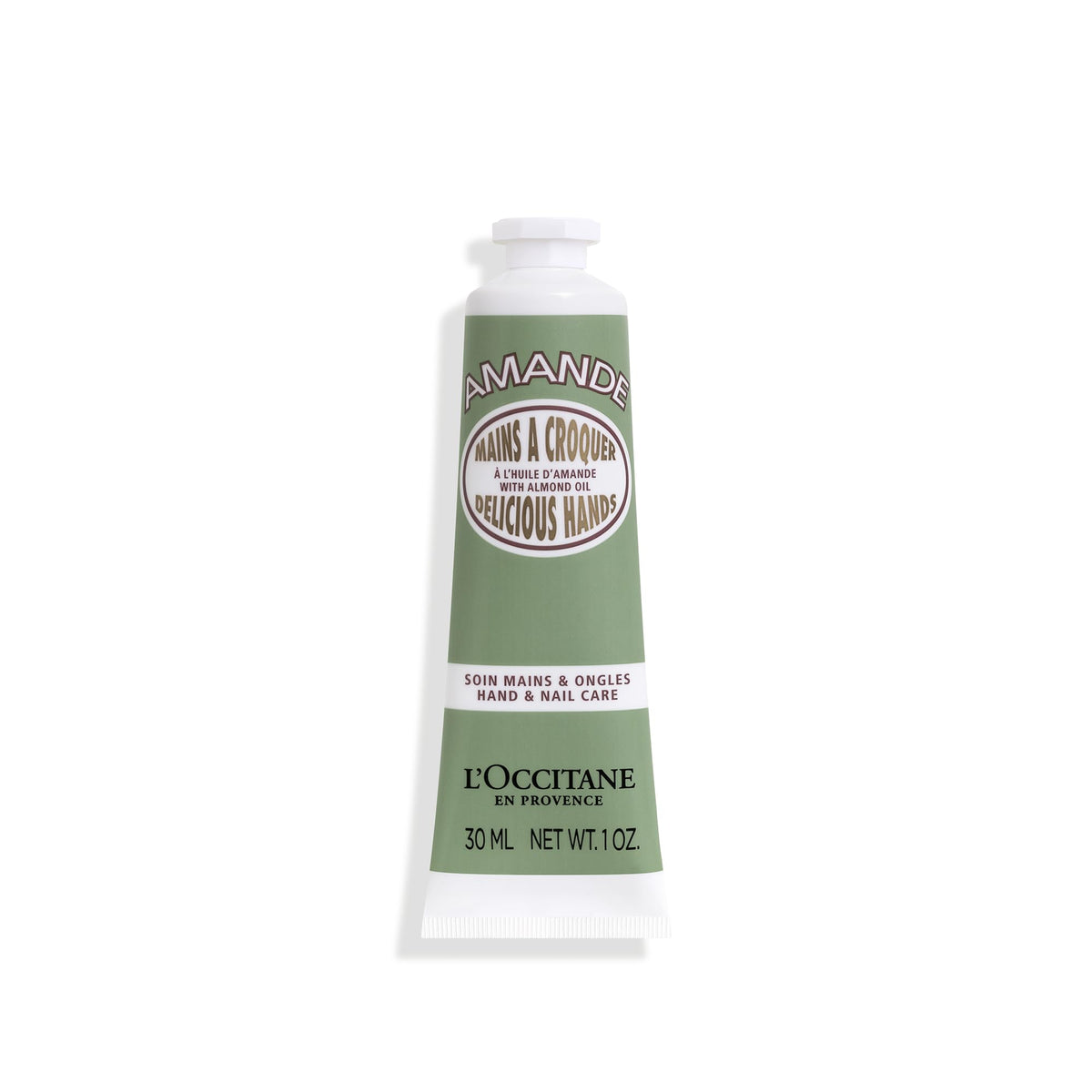 L'OCCITANE tube front view showing brand and almond hand cream benefits