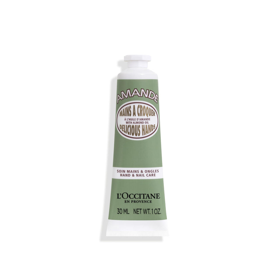 L'OCCITANE tube front view showing brand and almond hand cream benefits