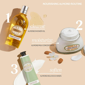 Almonds with L'OCCITANE tube highlighting natural almond-derived nourishment