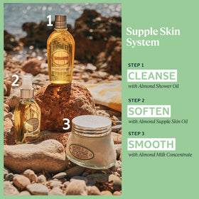 L'OCCITANE jar near bathtub lifestyle scene suggests a calming post-shower routine