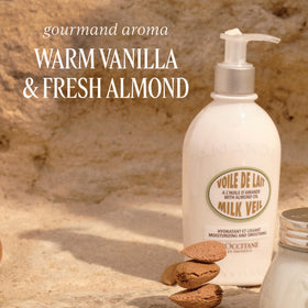 L'OCCITANE creamy almond milk texture close-up showing silky finish