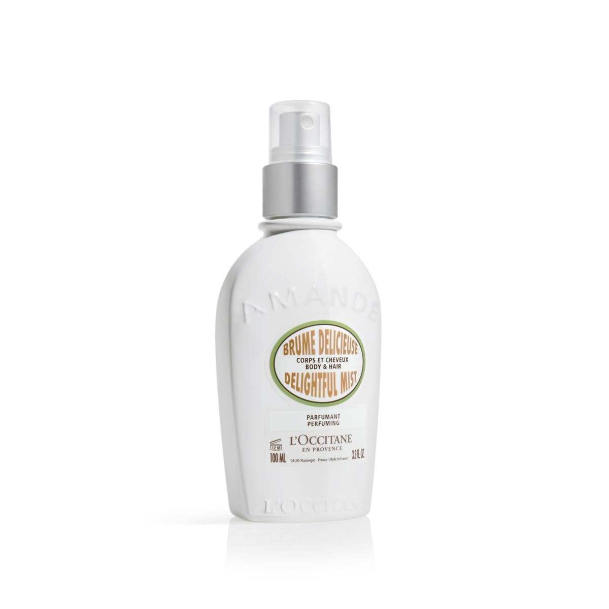 L'OCCITANE almond mist front view showing elegant bottle and portable fragrance