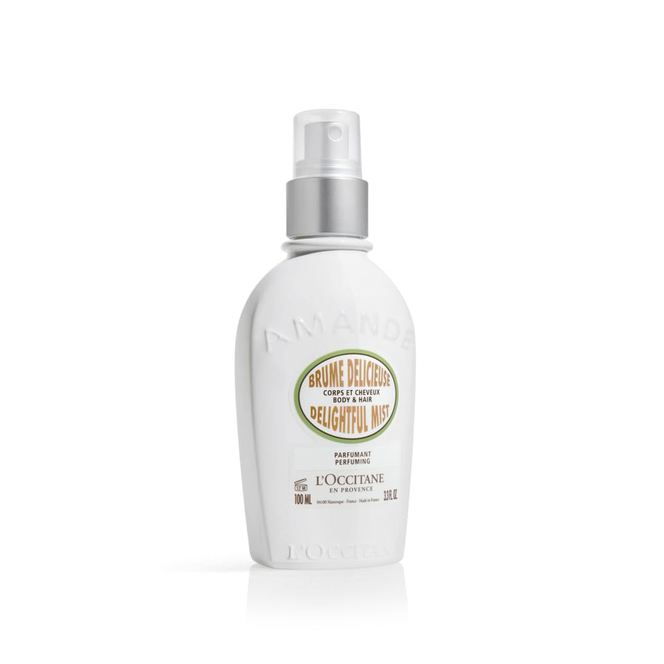 L'OCCITANE almond mist front view showing elegant bottle and portable fragrance