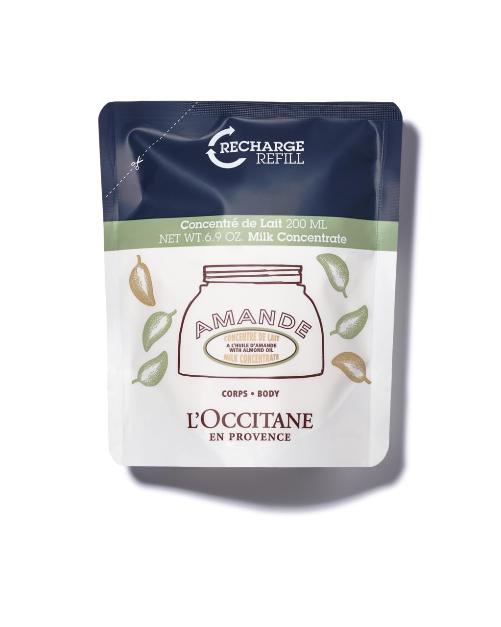 L'OCCITANE refill pouch front view showing almond concentrate and sustainable packaging benefit