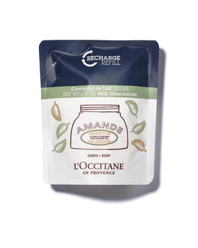 L'OCCITANE refill pouch front view showing almond concentrate and sustainable packaging benefit