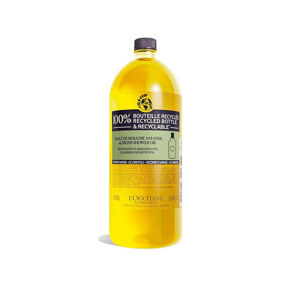 L'OCCITANE Almond refill front view showing recyclable packaging and brand benefit