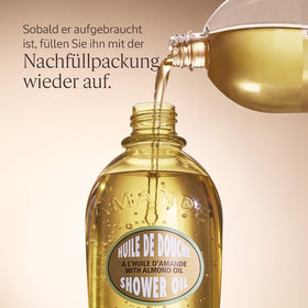 L'OCCITANE Almond refill beside original dispenser highlights refill convenience