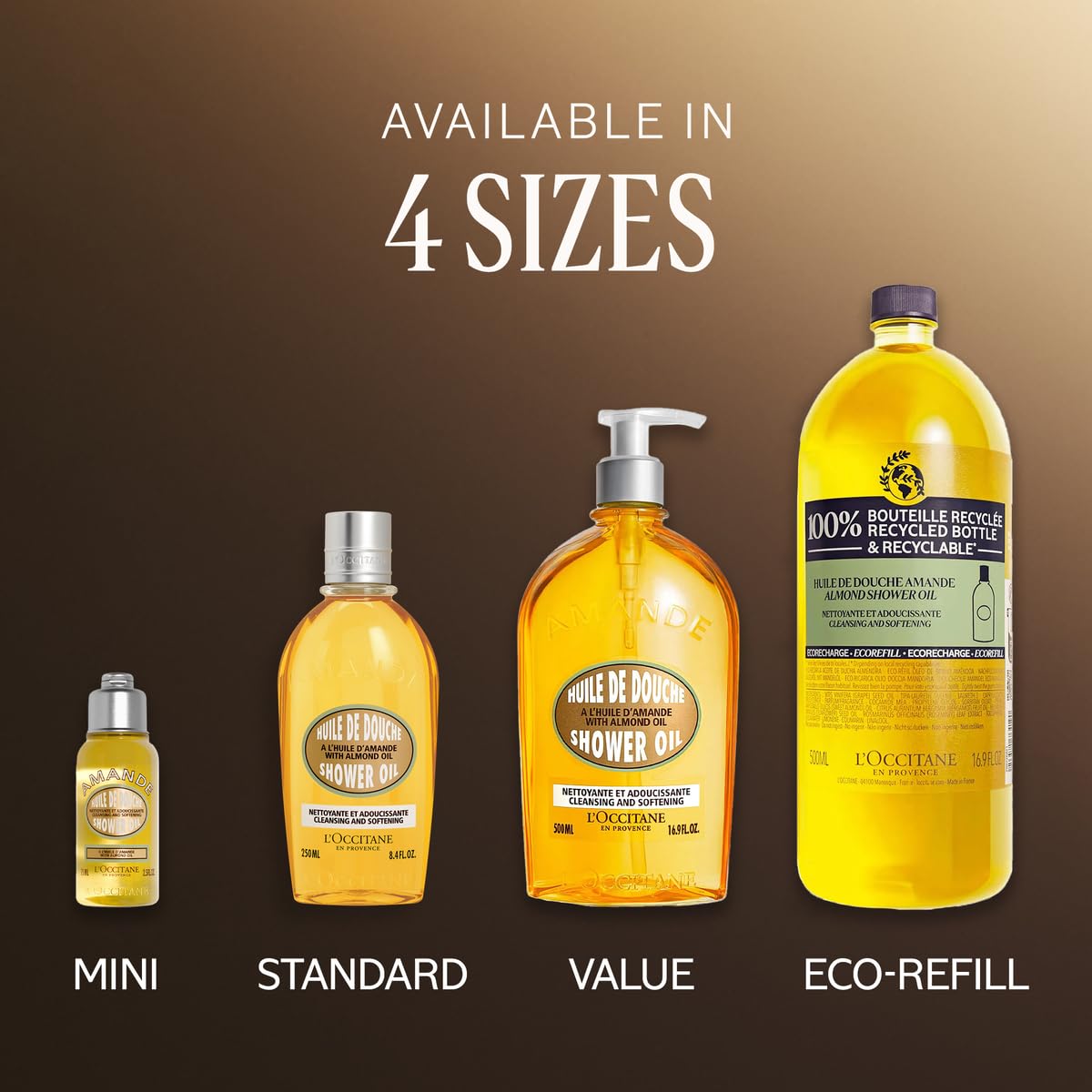 L'OCCITANE Almond Shower Oil next to refill packaging suggesting sustainability option
