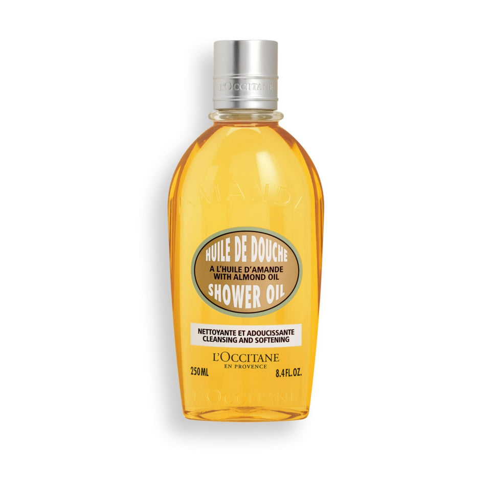 L'OCCITANE front bottle shot showing almond shower oil packaging and luxurious look