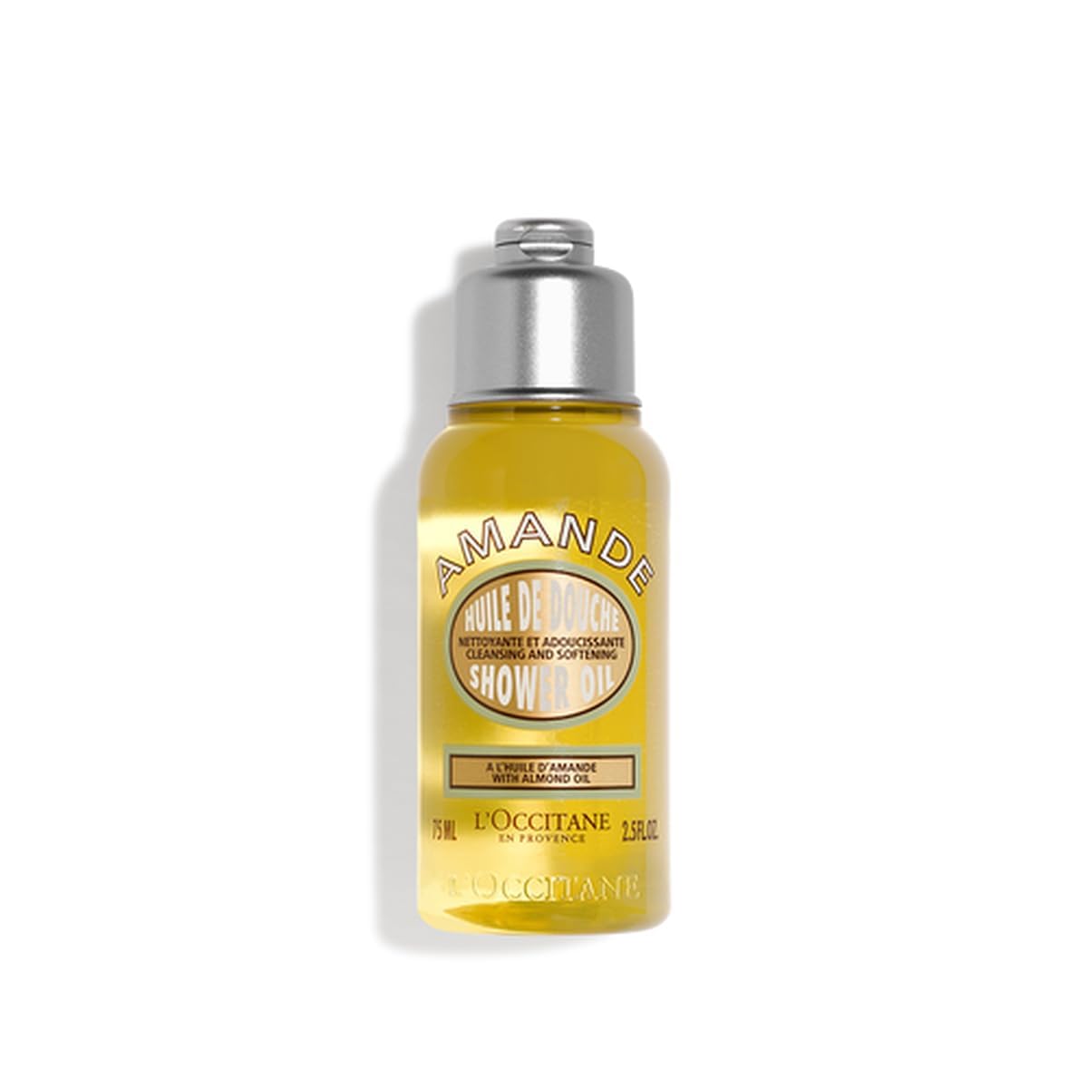 L'OCCITANE Almond Shower Oil front view showing compact travel bottle and benefits