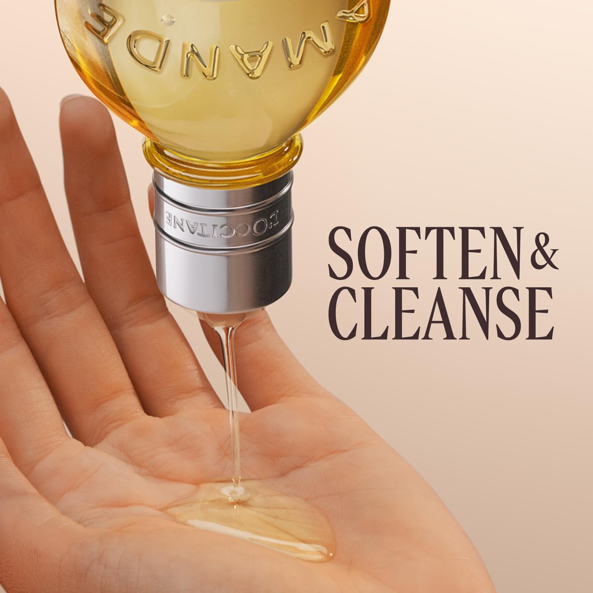 L'OCCITANE almond oil pouring texture demonstrating easy spread and nourishment
