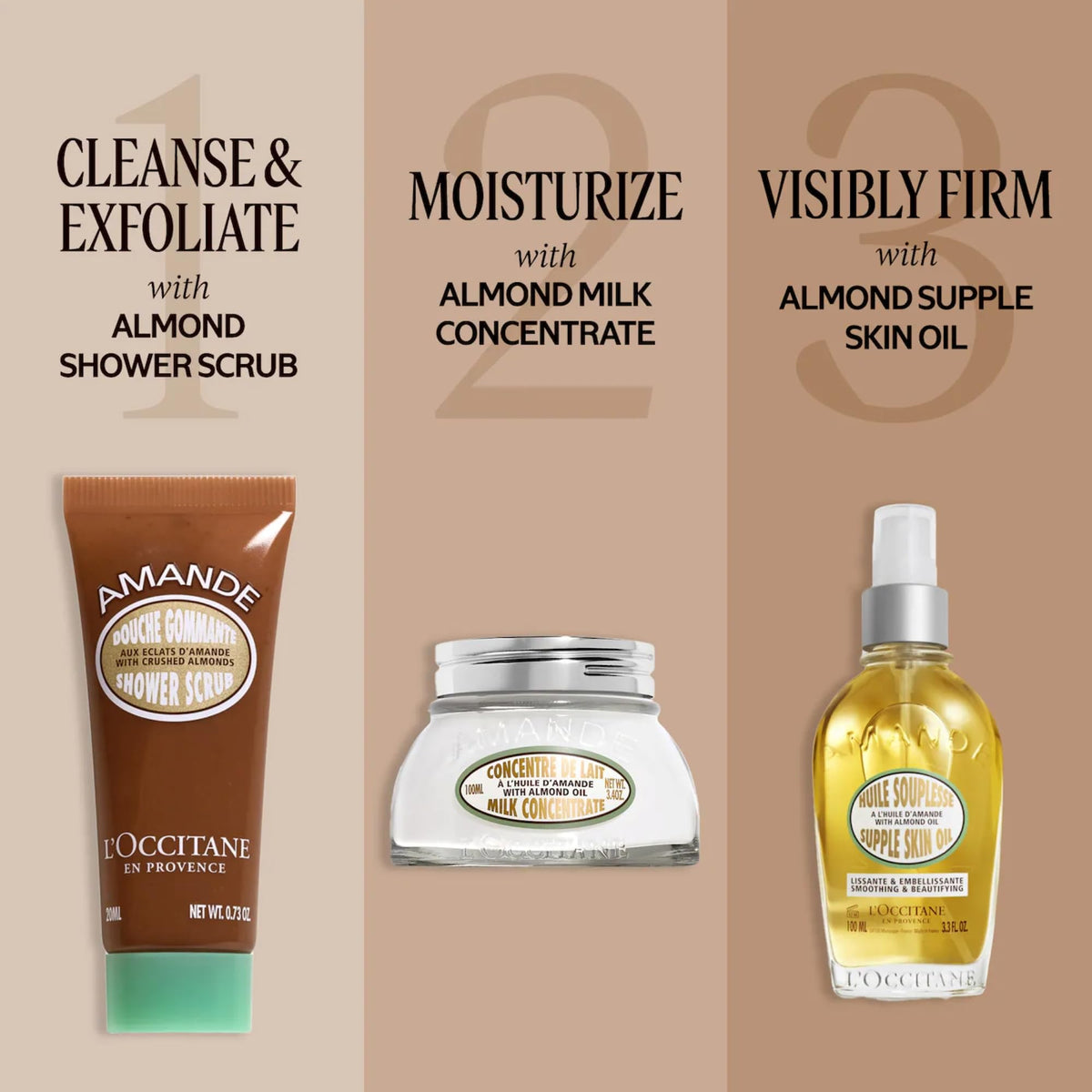 L'Occitane Almond Shower Scrub styled on bathroom shelf suggesting ritual and Provence inspiration