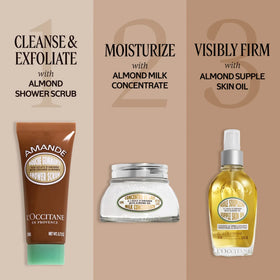 L'Occitane Almond Shower Scrub styled on bathroom shelf suggesting ritual and Provence inspiration