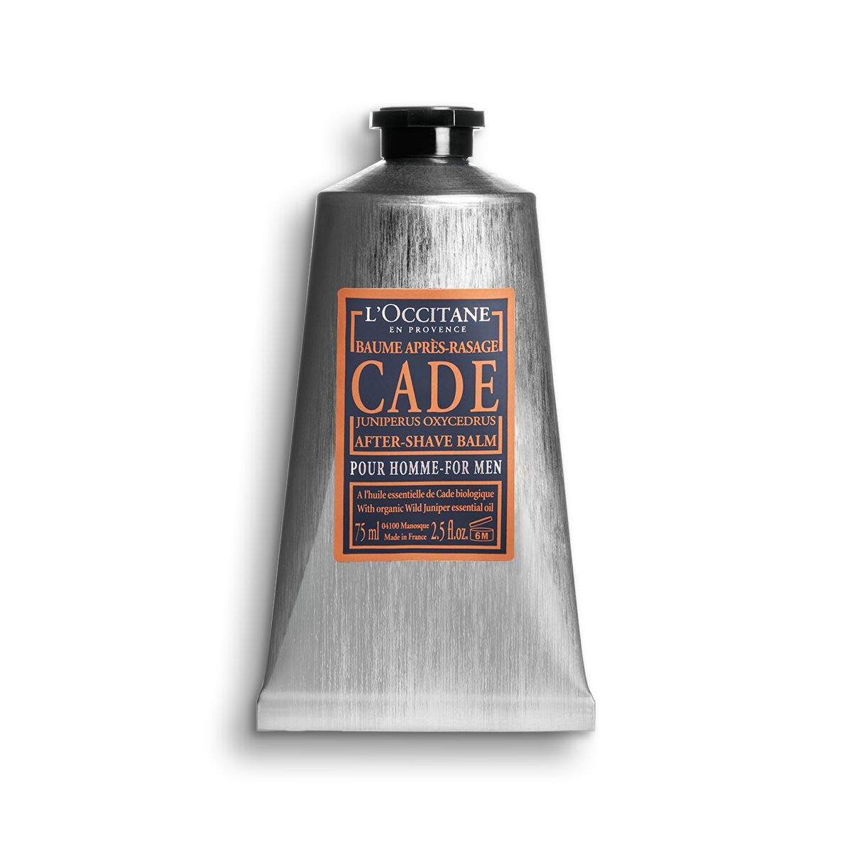 L'OCCITANE front packaging of Cade After Shave Balm showing 2.5 fl oz for easy identification and convenience