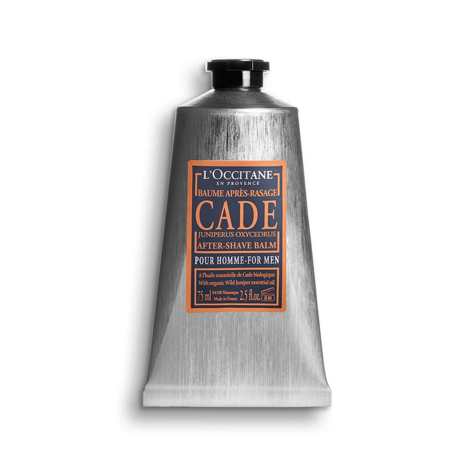 L'OCCITANE front packaging of Cade After Shave Balm showing 2.5 fl oz for easy identification and convenience