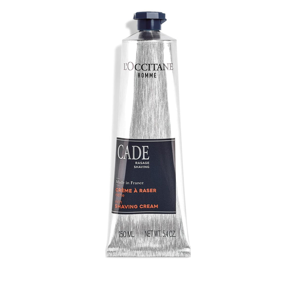 L'OCCITANE Cade shaving cream tube front view showing label and benefit
