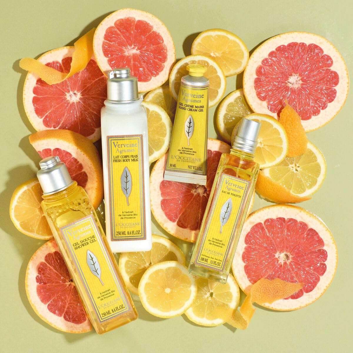 Size comparison of L'Occitane 8.4 fl oz bottle showing travel and value benefit