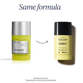L'Occitane deodorant held in hand in a bathroom, demonstrating travel-ready use