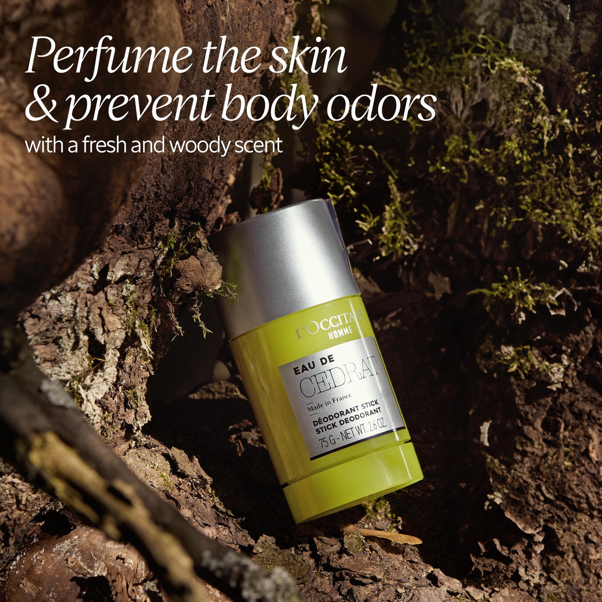 L'Occitane deodorant texture close-up illustrating smooth glide and quick-dry benefit