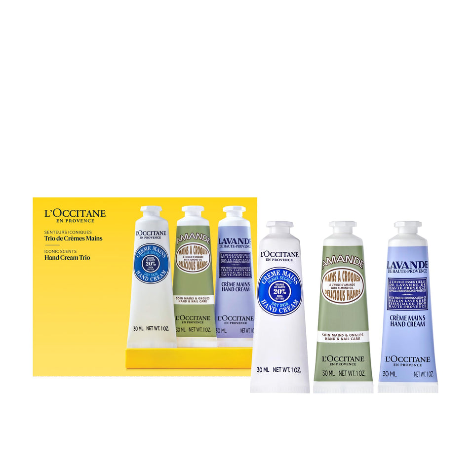 L'Occitane hand cream set front packaging showing three tubes and brand — elegant gift presentation