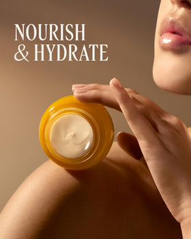 L'OCCITANE jar staged on a bathroom counter conveying daily luxury skincare routine benefit