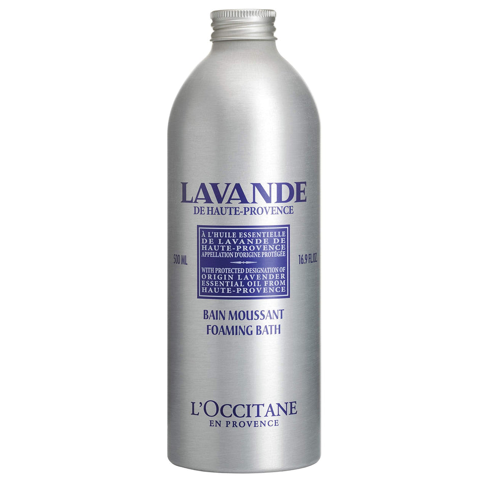 L'OCCITANE front bottle showing lavender label and elegant packaging benefit: premium presentation