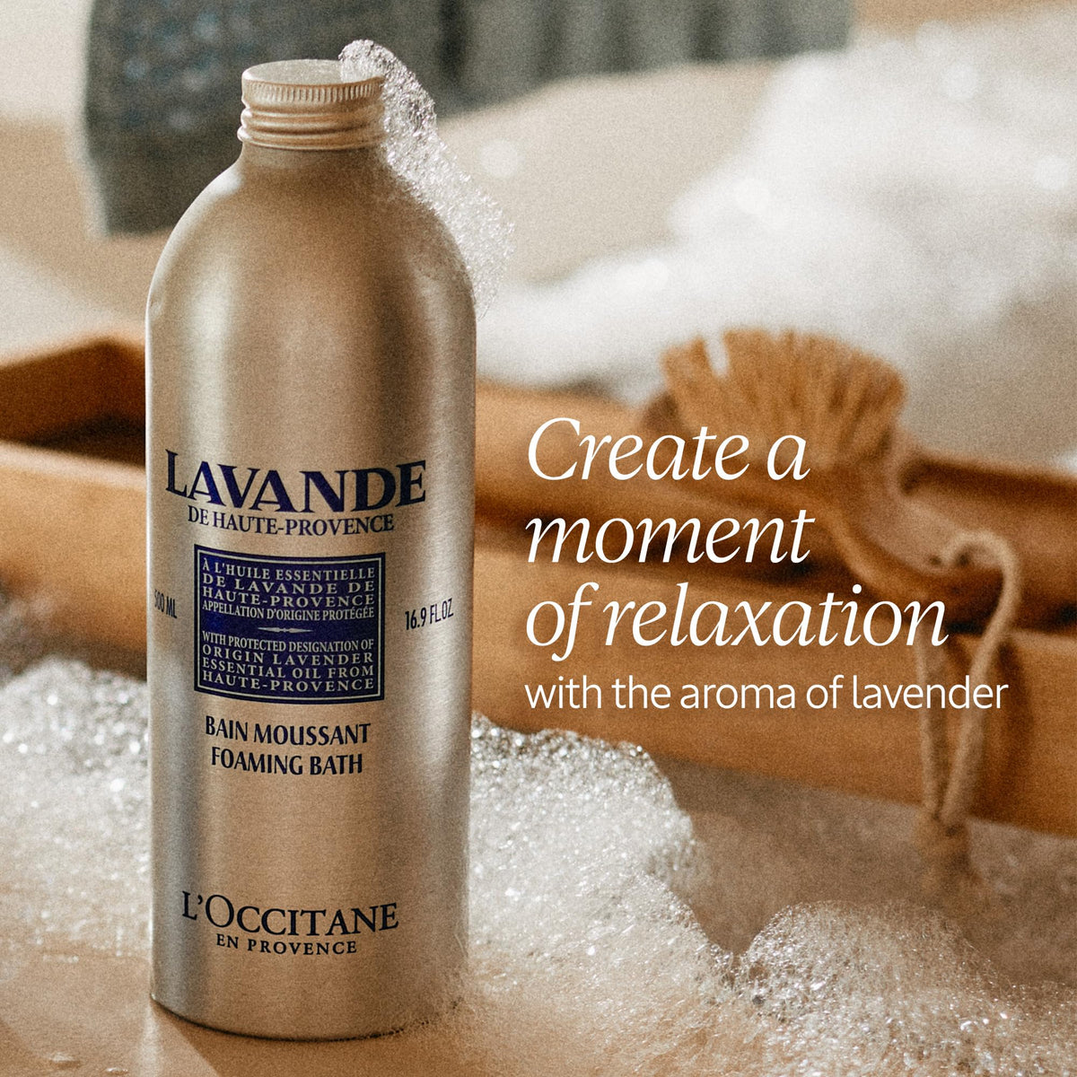 L'OCCITANE pouring bath foam under tap producing rich bubbles benefit: abundant foam quickly