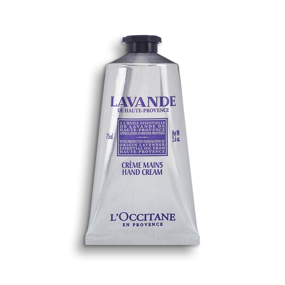 L'Occitane front tube view showing lavender hand cream packaging and portable size