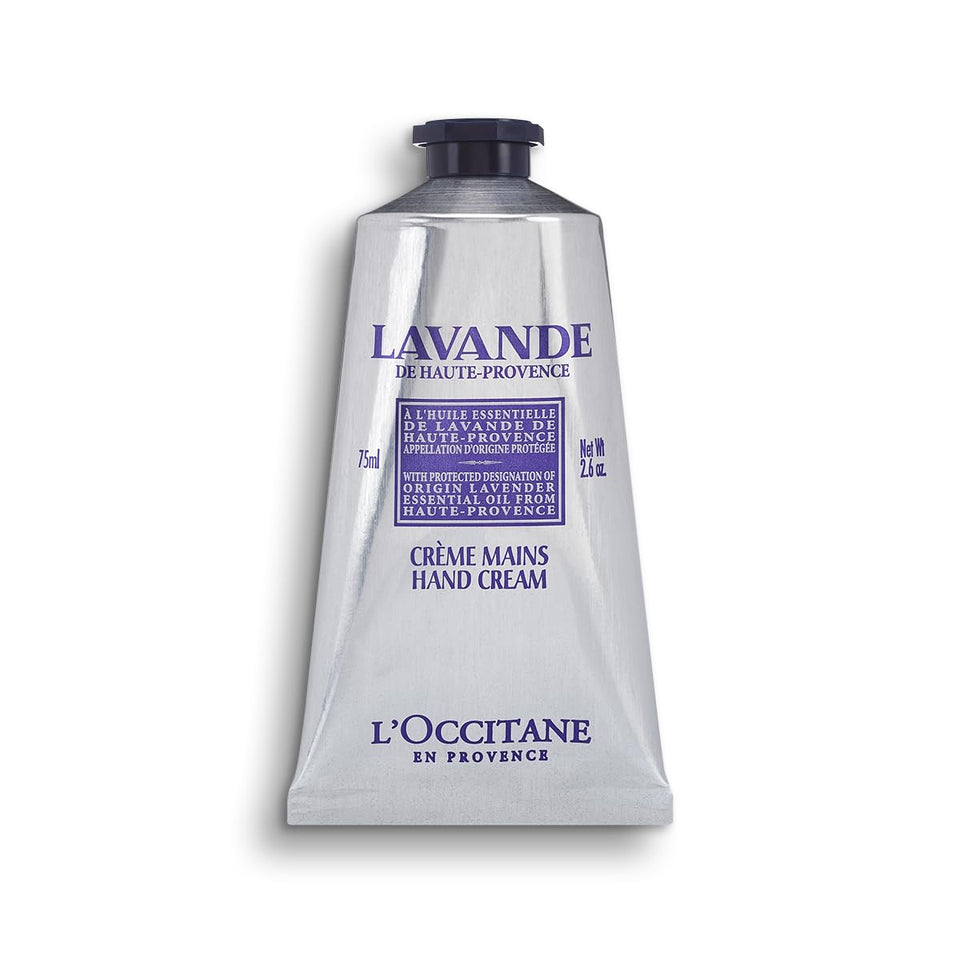 L'Occitane front tube view showing lavender hand cream packaging and portable size
