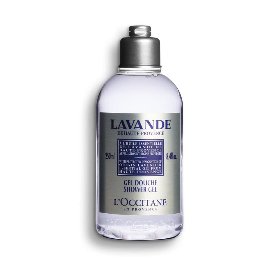 L'OCCITANE lavender shower gel front bottle shows calming scent and clean benefit