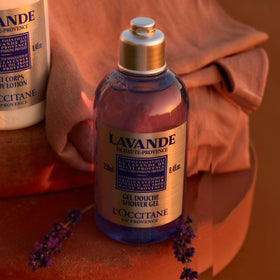 L'OCCITANE label detail highlighting lavender essential oil and ingredient clarity benefit