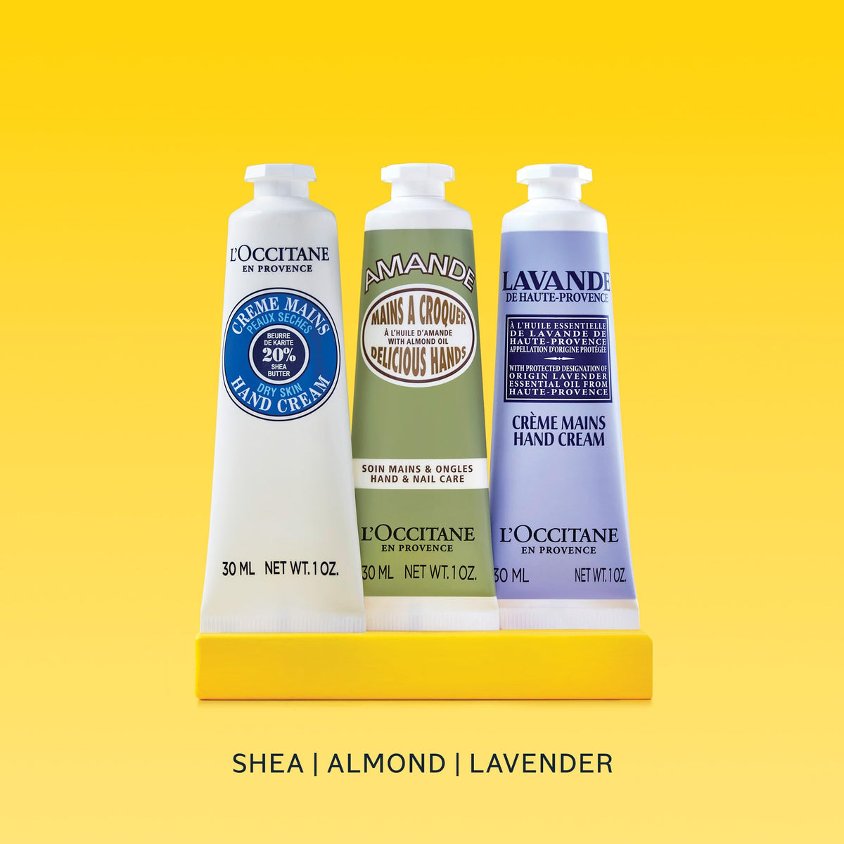 L'Occitane lavender tube label detail showing calming scent and soothing hydration benefit