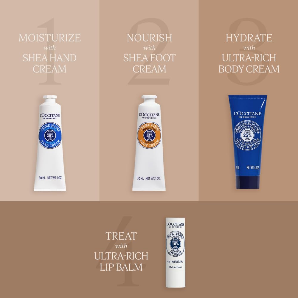L'OCCITANE shea products arranged on bathroom vanity promoting daily spa-like care