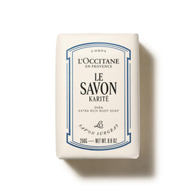 L'OCCITANE front packaging of shea milk soap showing size and branding benefits skin softness