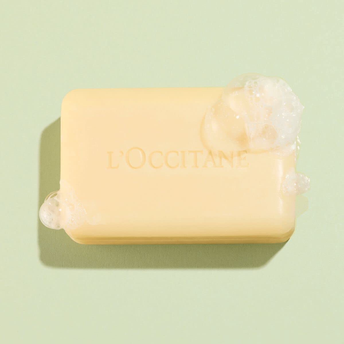 L'Occitane shea verbena soap close-up of bar texture indicating gentle formula