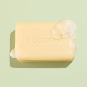 L'Occitane shea verbena soap close-up of bar texture indicating gentle formula