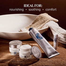 L'Occitane cream in winter setting on scarf, shows protective benefit outdoors