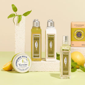 L'Occitane refill staged in shower setting conveying refreshing experience