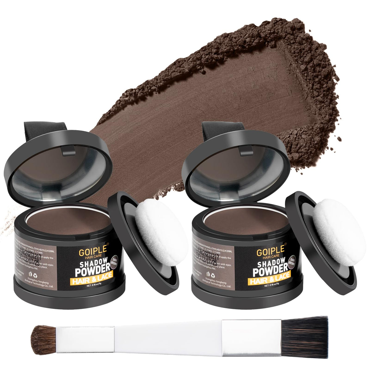 lockmio front packaging showing compact dark brown powder and benefit of instant coverage