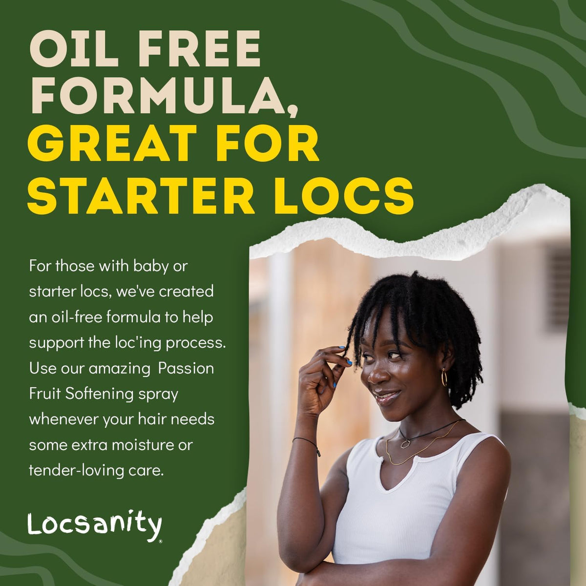 Locsanity bottle beside a section of locs showing targeted hydration